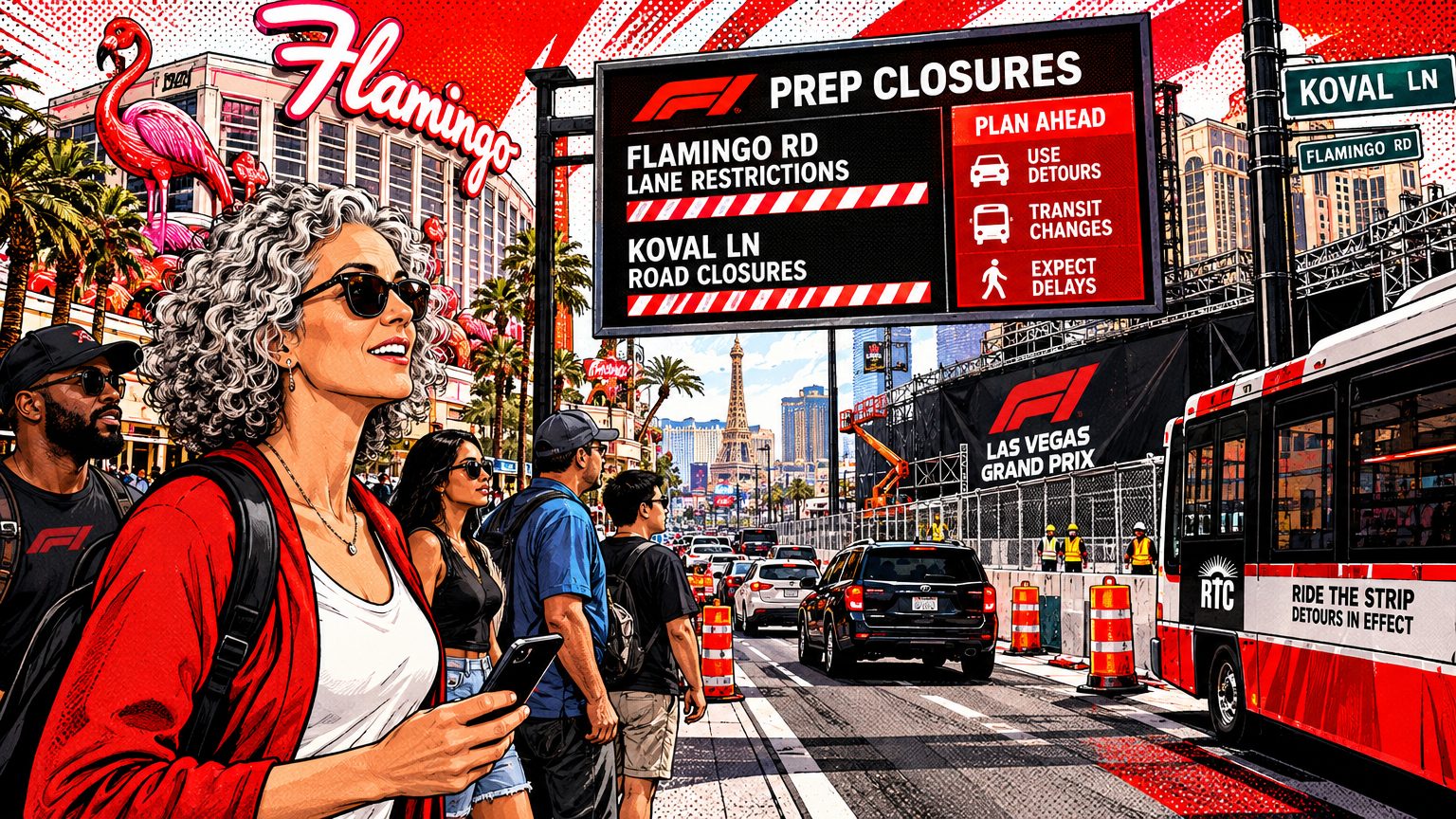 Las Vegas Strip Traffic Shifts as F1 Prep Closures Hit Flamingo, Koval